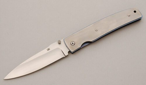 Jim Matthes JM-101 Folder with Anodized Orange Peel Titanium handle material - Obverse Side - Item #KLC15618