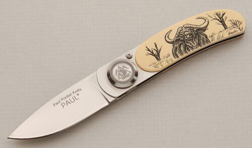 Lone Wolf Knives Paul Pocket Axial Lock with Wooly Mammoth Ivory Scales handle material - Obverse Side - Item #KLC15628