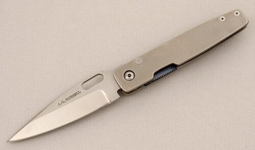 A.G. Russell AGR/Matthes Titan Liner Lock with Orange Peel Titanium Frame handle material - Obverse Side - Item #KLC15642