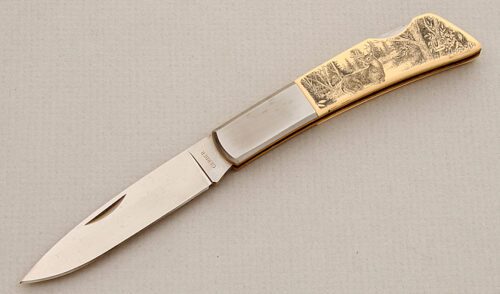 Gerber Knives Silver Knight Lockback with Ivory Micarta Scales handle material - Obverse Side - Item #KLC15643