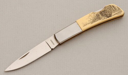 Gerber Knives Silver Knight Lockback with Ivory Micarta Scales handle material - Obverse Side - Item #KLC15645