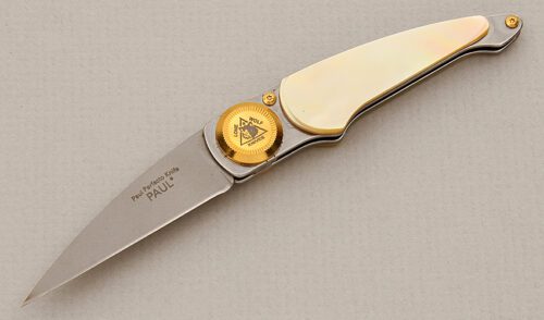 Lone Wolf Knives Paul Perfecto Axial Lock with Gold Lip Pearl Scales handle material - Obverse Side - Item #KLC15648