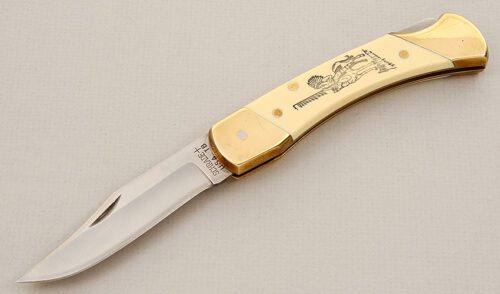 Schrade Cutlery Thunderbird Commemorative with Ivory Micarta Scales handle material - Obverse Side - Item #KLC15676