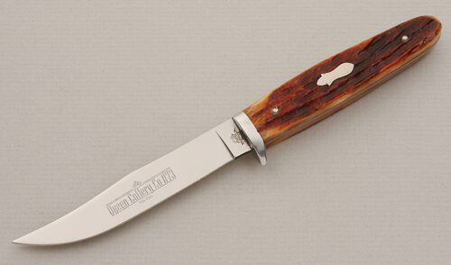 Queen Cutlery #73 Clip Point Hunter with Brown Jigged Bone Scales handle material - Obverse Side - Item #KLC15693