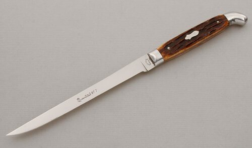 Queen Cutlery #F7 Filet Knife with Brown Jigged Bone Scales handle material - Obverse Side - Item #KLC15695