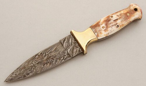 Unknown Maker Damascus Dagger with Smooth Natural Bone Scales handle material - Obverse Side - Item #KLC15707