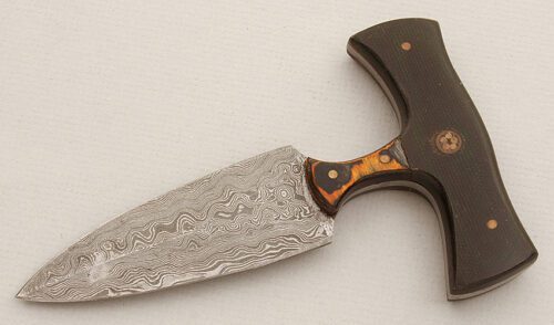 Unknown Maker Damascus Push Dagger with Canvas Micarta Scales handle material - Obverse Side - Item #KLC15711