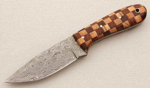 Unknown Maker Damascus Hunter with Checkered Wood Scales handle material - Obverse Side - Item #KLC15714