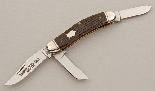 Winchester Knives W15 3949 Sowbelly Stockman with Dark Brown Jigged Bone Scales handle material - Obverse Side - Item #KLC15752