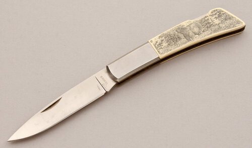 Gerber Knives Silver Knight Lockback with Ivory Micarta Scales handle material - Obverse Side - Item #KLC15764