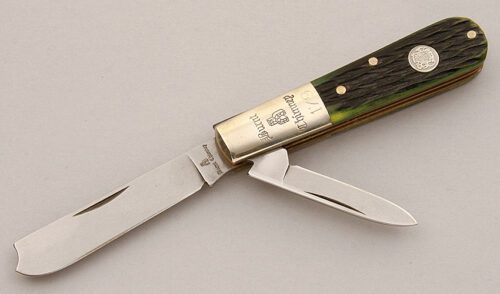Burnt Chimney Knives Barlow with Green Jigged Bone Scales handle material - Obverse Side - Item #KLC15772