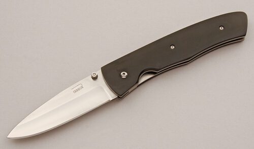 Mel Pardue Folding Hunter with Black Paper Micarta Scales handle material - Obverse Side - Item #KLC15774