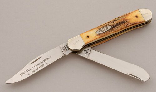 Case Cutlery 1992 ABCA Trapper with Burnt Stag Scales handle material - Obverse Side - Item #KLC15776