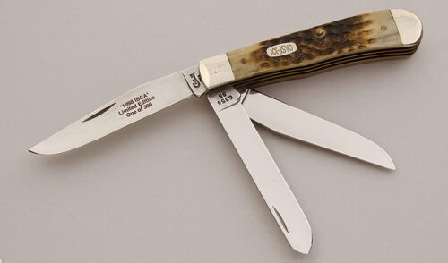 Case Cutlery 1998 IBCA Three Blade Trapper with Natural Jigged Bone Scales handle material - Obverse Side - Item #KLC15787