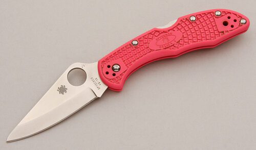 Spyderco Knives Delica 4 Lightweight with Pink FRN Frame handle material - Obverse Side - Item #KLC15791