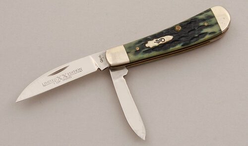 Case Cutlery Tony Bose Swayback Gent's with Green Jigged Bone Scales handle material - Obverse Side - Item #KLC15806