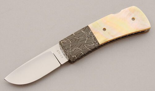 David Steier Custom Lockback with Gold Lip Pearl Scales handle material - Obverse Side - Item #KLC15833