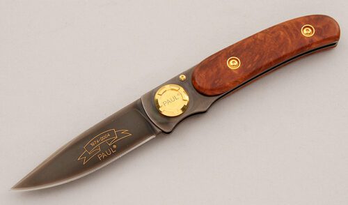 Lone Wolf Knives 30th Anniversary Paul Axial with Ambonya Burl Wood Scales handle material - Obverse Side - Item #KLC15845