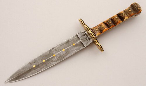 Colt Knives Damascus Art Dagger with Burnt Stag Scales handle material - Obverse Side - Item #KLC15861