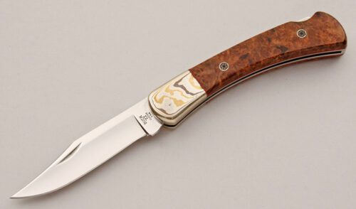 Buck Knives Model 110 Custom with Burlwood Scales handle material - Obverse Side - Item #KLC15867