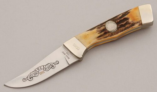 Bear MGC Cutlery 1992 NKCA Small Hunter with Burnt Stag Scales handle material - Obverse Side - Item #KLC15868