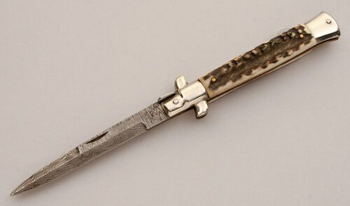 Falcon Knives Damascus Stiletto with Stag Scales handle material - Obverse Side - Item #KLC15892