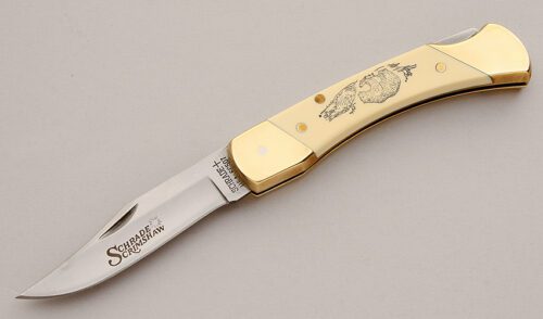 Schrade Cutlery SC507 Scrimshaw Lockback with Ivory Micarta Scales handle material - Obverse Side - Item #KLC15893