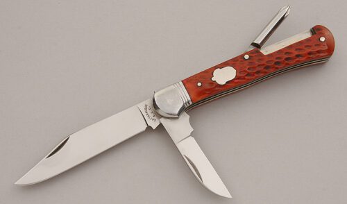 Cattaraugus Cutlery KCC FH-3 Folding Hunter with Red Jigged Bone Scales handle material - Obverse Side - Item #KLC15914