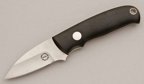 Dozier - Arkansas Made Crotts Neck Knife with Black Micarta Scales handle material - Obverse Side - Item #KLC15930