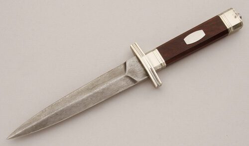 Galazan Damascus Boot Dagger with Cocobolo Handle handle material - Obverse Side - Item #KLC15979