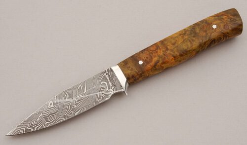 David Mullins Damascus Fighter with Gold Maple Burl Handle handle material - Obverse Side - Item #KLC16039