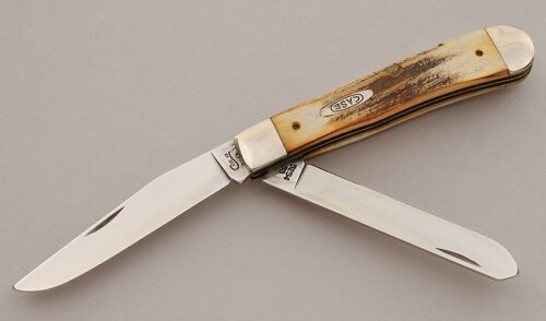 Case Cutlery 5254 Trapper with Burnt Stag Scales handle material - Obverse Side - Item #KLC16052