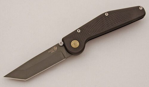G.T. Knives Police Tanto Button Lock with Black Aluminum Frame handle material - Obverse Side - Item #KLC16057