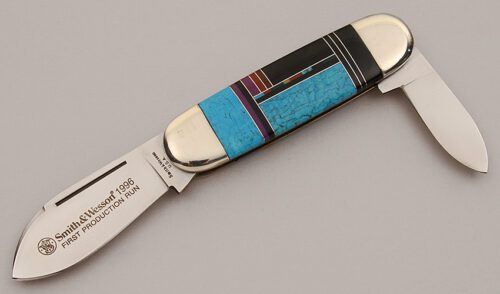 Smith & Wesson Elephant Toe Knife with Turquoise & Composite Scales handle material - Obverse Side - Item #KLC16064