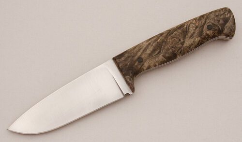 Greg Matovich Drop Point Hunter with Maple Burl Scales handle material - Obverse Side - Item #KLC16084