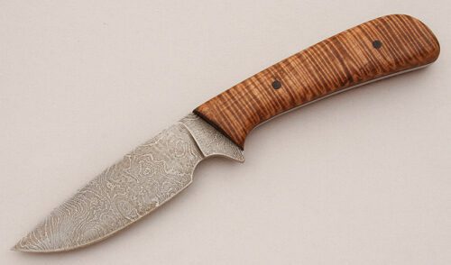 Greg Matovich Damascus Hunter with Curly Koa Wood Scales handle material - Obverse Side - Item #KLC16085